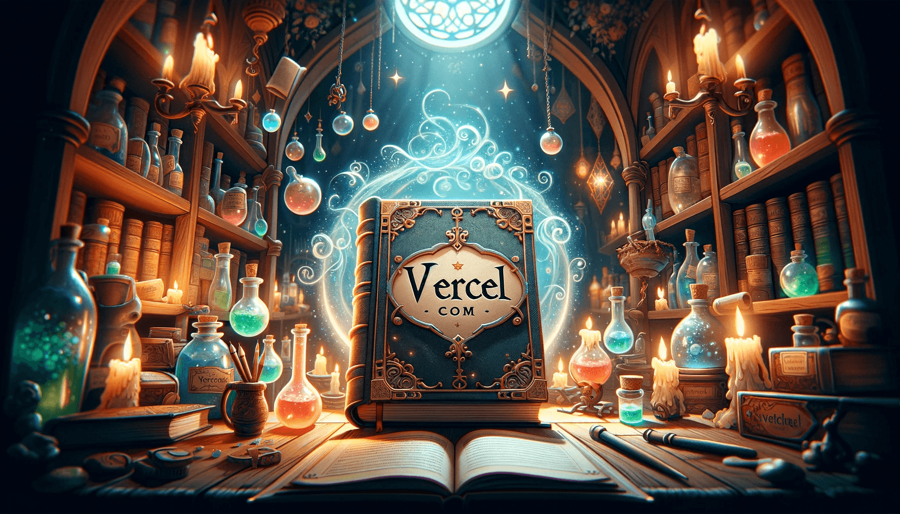 a book with the title vercel.com surrounded by magical items